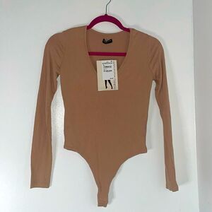 NWT Nordstrom naked wardrobe brown tan long sleeve button clasp soft bodysuit